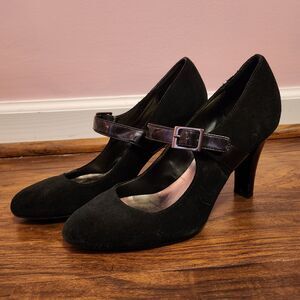 Merona Mary Jane Heels Black Suede Buckle Patent Leather Women's Size 8 Pumps